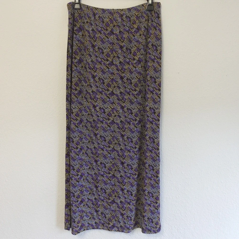 Vtg 90s Y2K Impressions Maxi Skirt Metallic Geometric Nylon Stretch Retro Medium